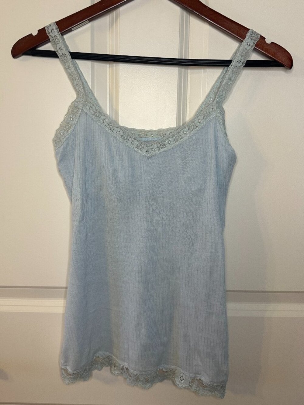 Vintage Y2K Hollister Ribbed Lace Trim Cami Tank Blue 100% Cotton Coquette S